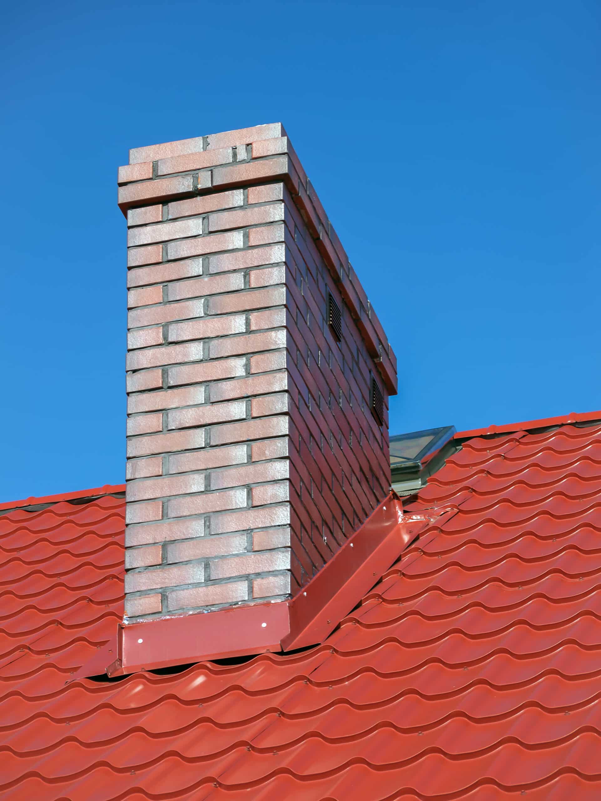 Closeup of red sheet metal roof with brick chimney