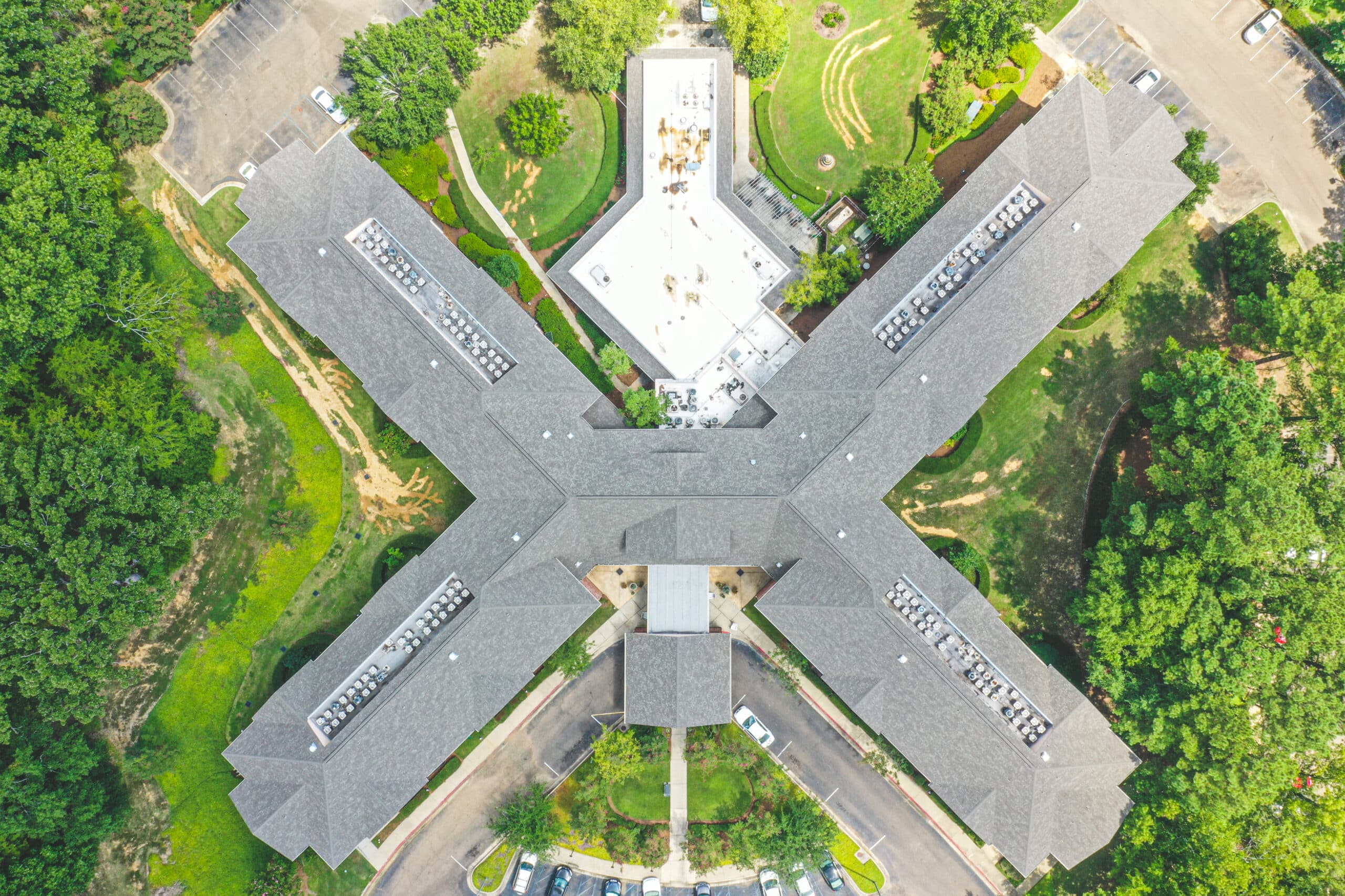 An overhead shot of a commercial building's roof
