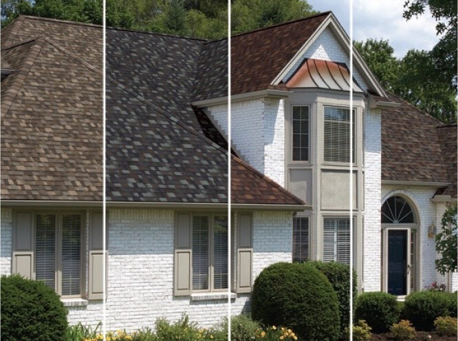Photo of a house edited to have several different colors of shingles to display different options.
